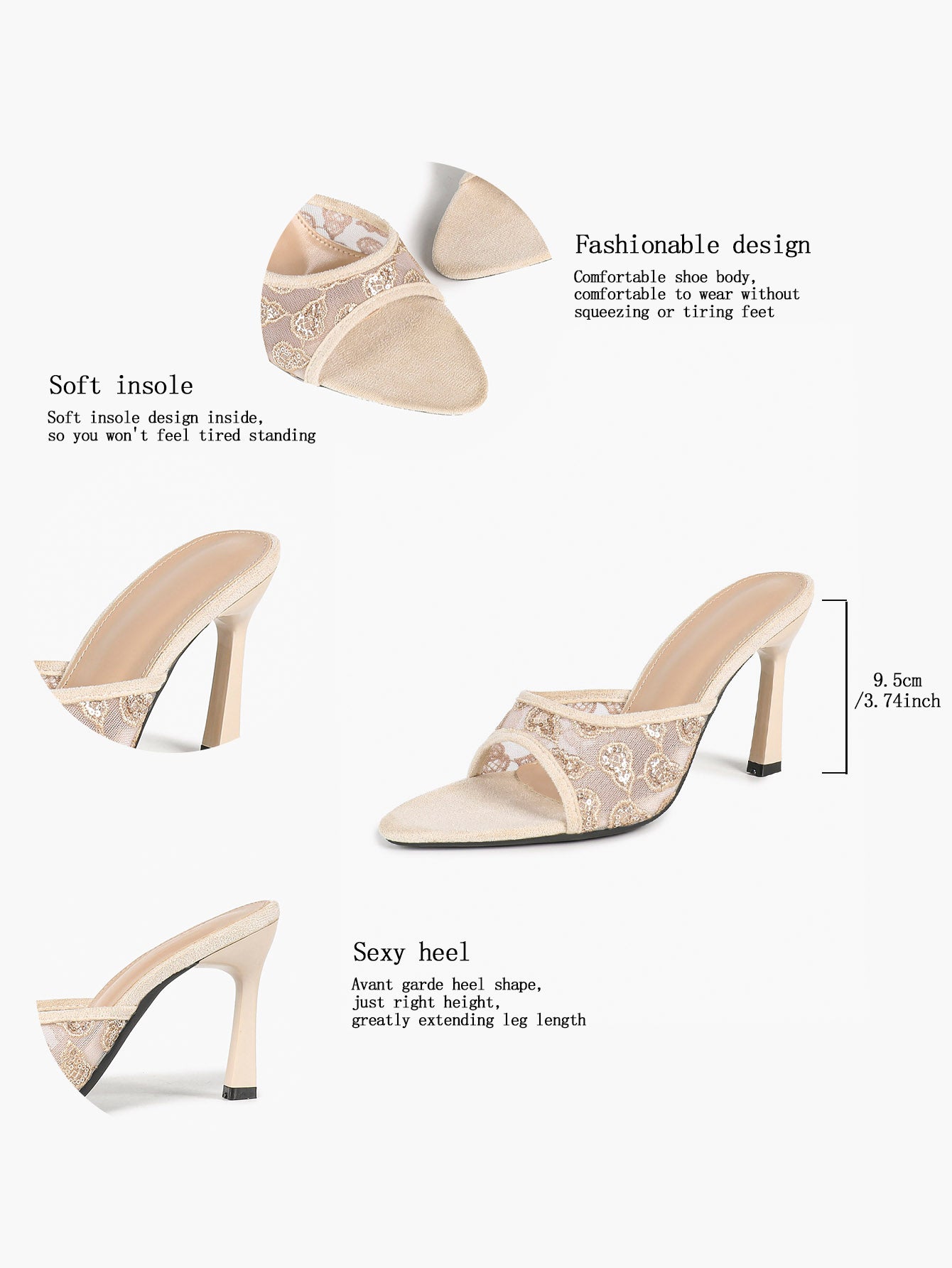Gilded Mesh Mules - Beige Sequin Sandals with a 3.74" Stable Heel