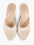 Pink Lace Embroidered Pointed Toe Mule Heels Slip-On Wide Strap Block Heels with Soft Insole