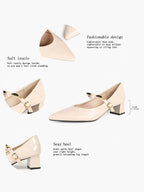 Cream Pointed-Toe Mary Jane Heels with Gold Metal Accents and 1.77" Block Heel