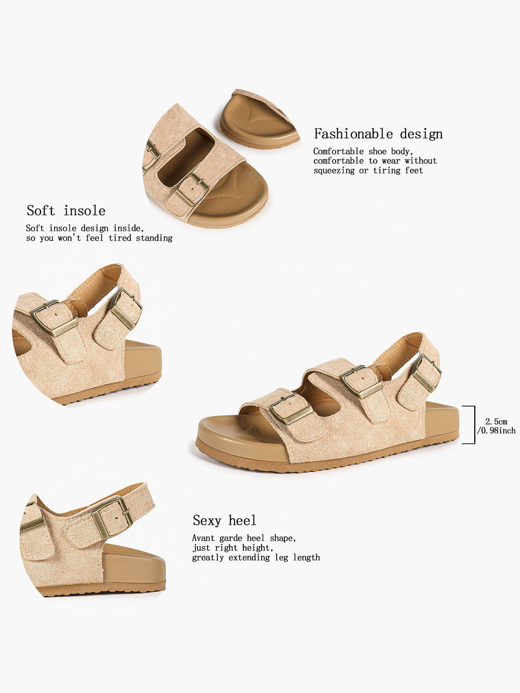 Beige Suede Triple-Buckle Comfort Sandals with Adjustable Heel Strap