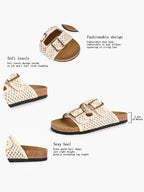 Cream Woven Double-Strap Platform Slides with Gold-Tone Hardware