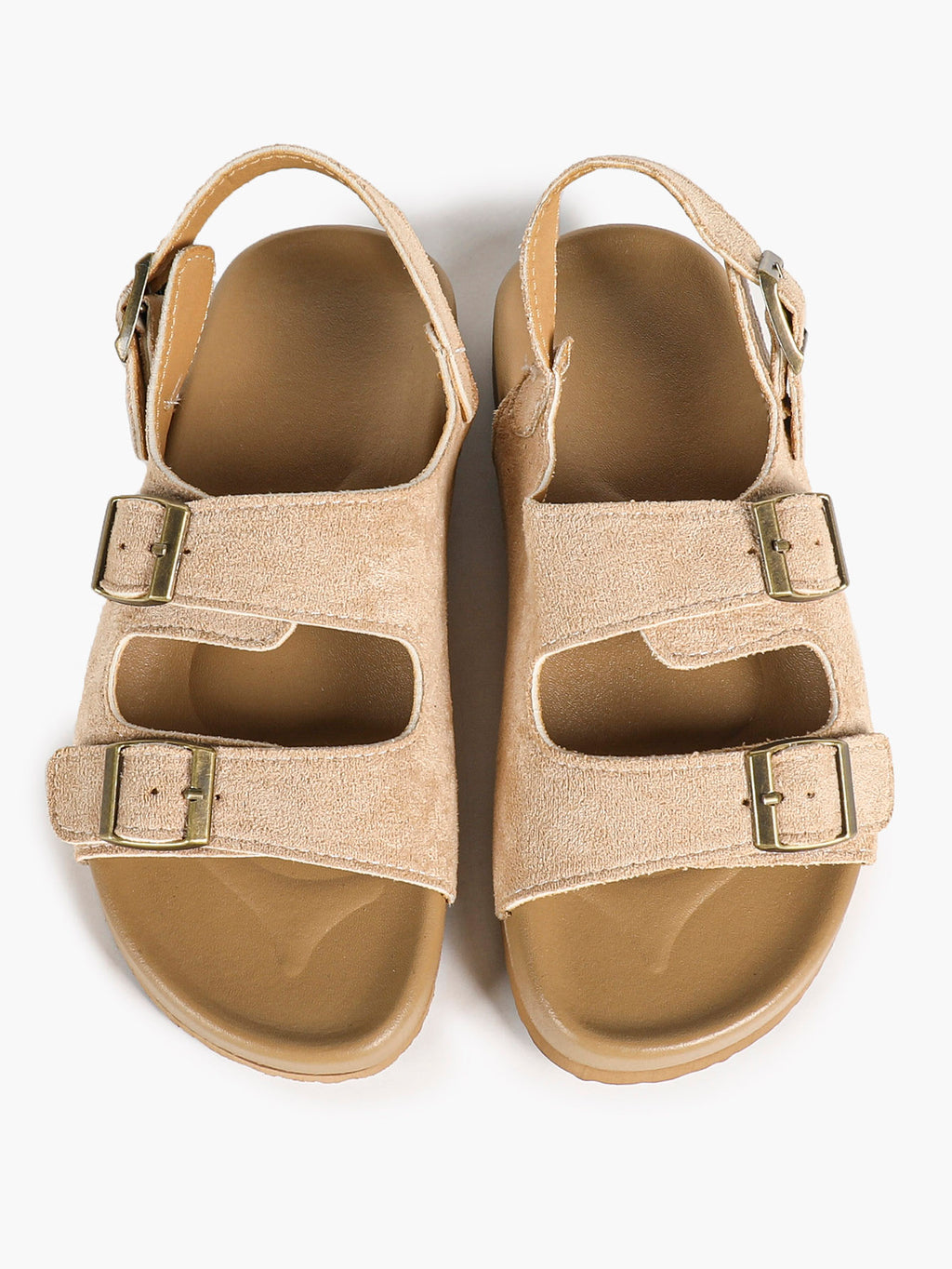 Beige Suede Triple-Buckle Comfort Sandals with Adjustable Heel Strap
