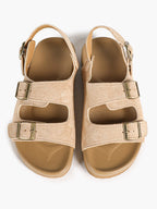 Beige Suede Triple-Buckle Comfort Sandals with Adjustable Heel Strap