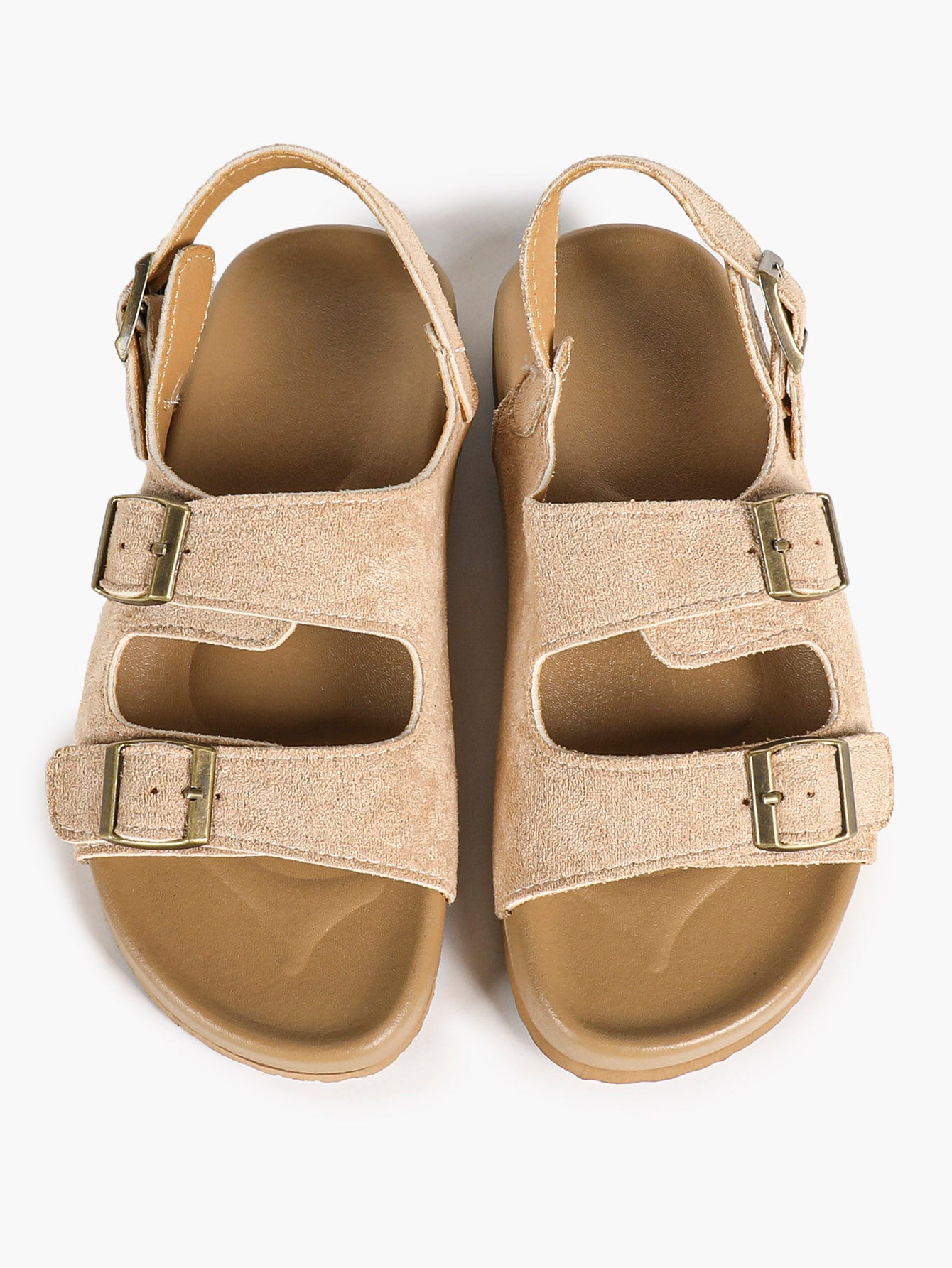 Beige Suede Triple-Buckle Comfort Sandals with Adjustable Heel Strap