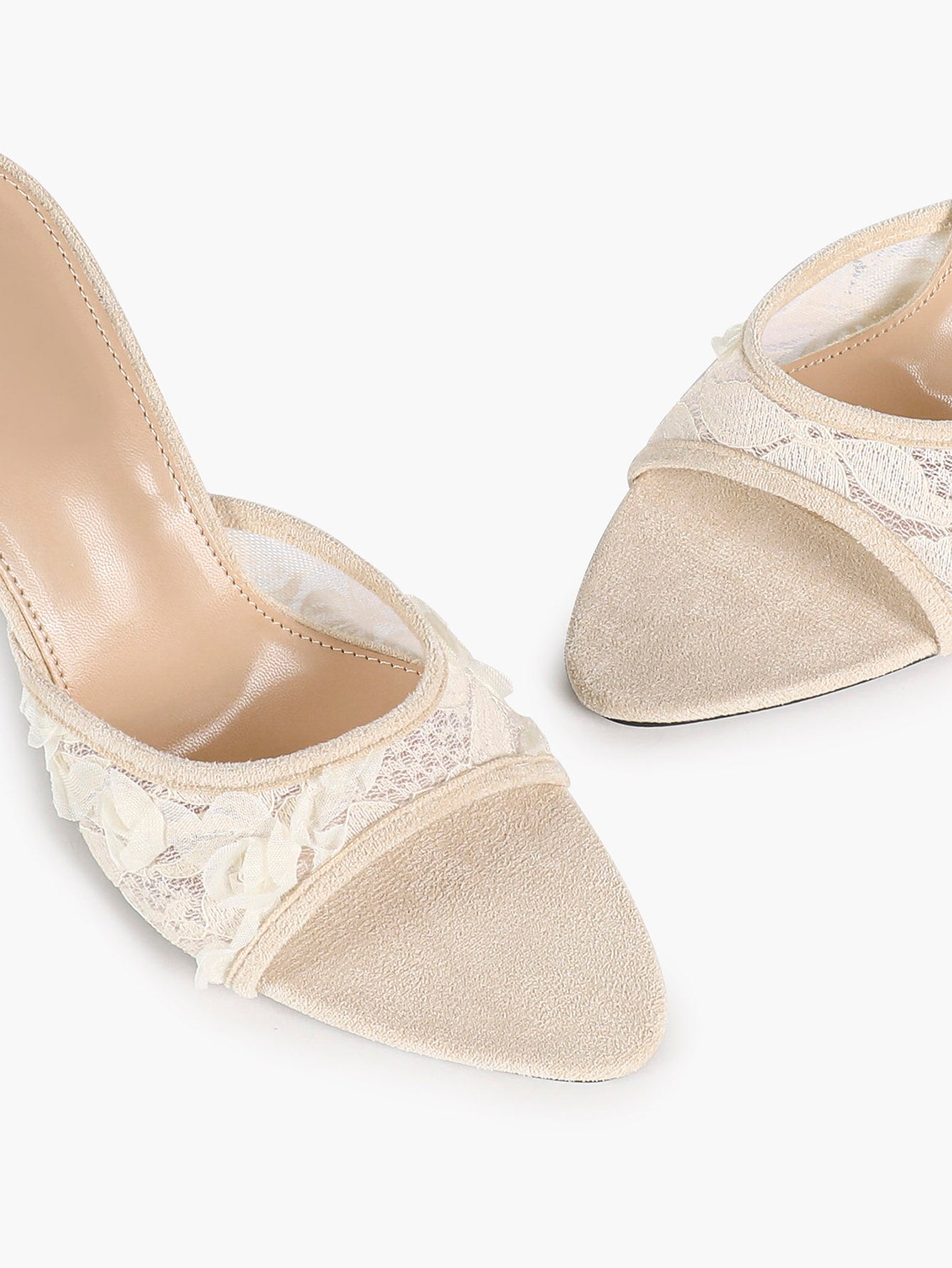 Pink Lace Embroidered Pointed Toe Mule Heels Slip-On Wide Strap Block Heels with Soft Insole
