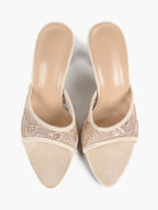 Gilded Mesh Mules - Beige Sequin Sandals with a 3.74" Stable Heel