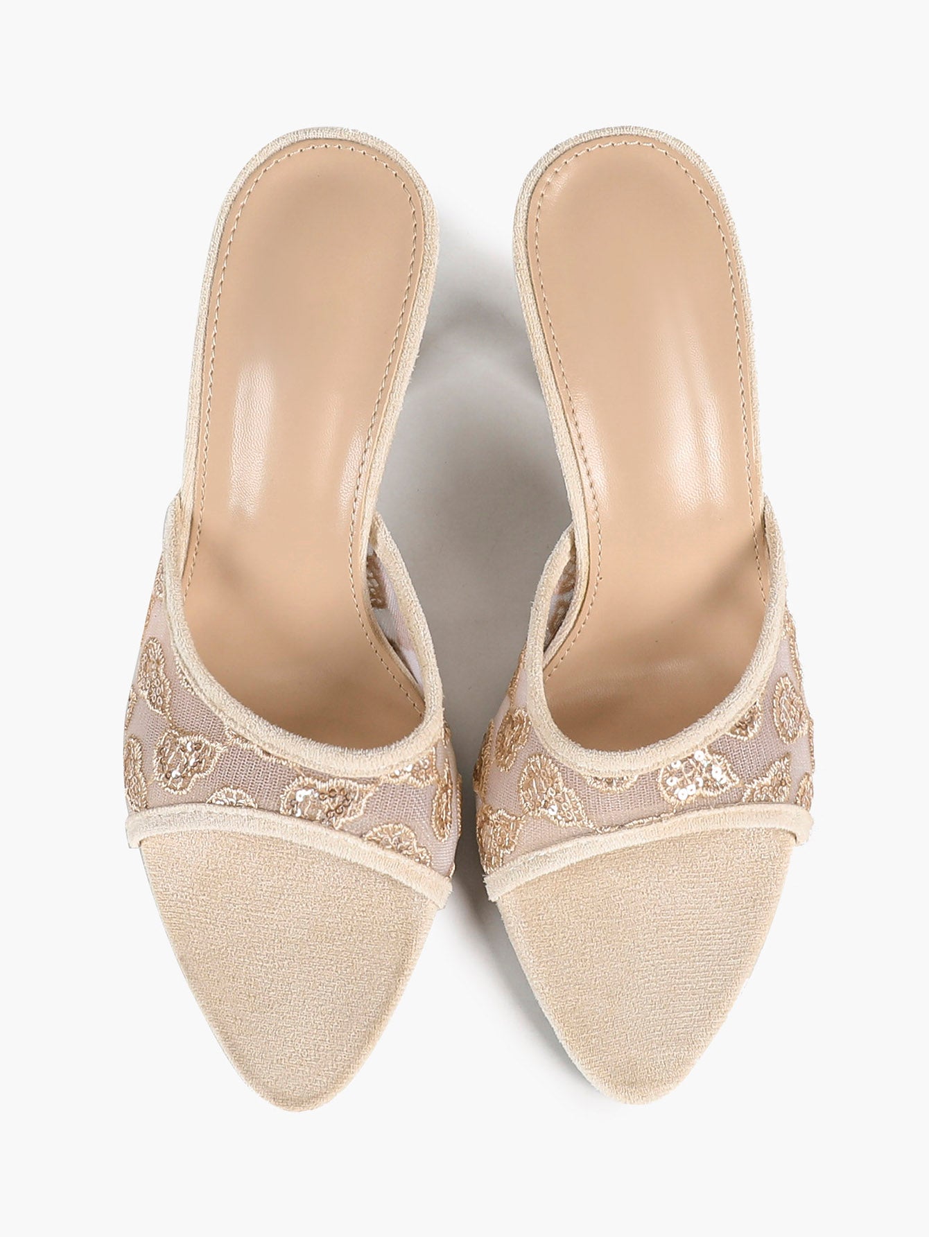 Gilded Mesh Mules - Beige Sequin Sandals with a 3.74" Stable Heel
