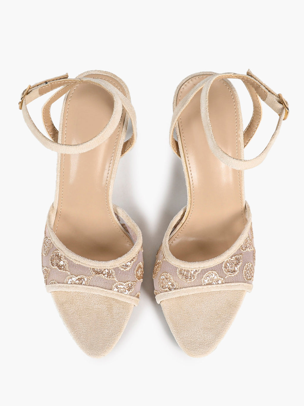 The Moonlight Muse: White Mesh Embroidered Strap Heels with a 3.74" Sculpted Heel