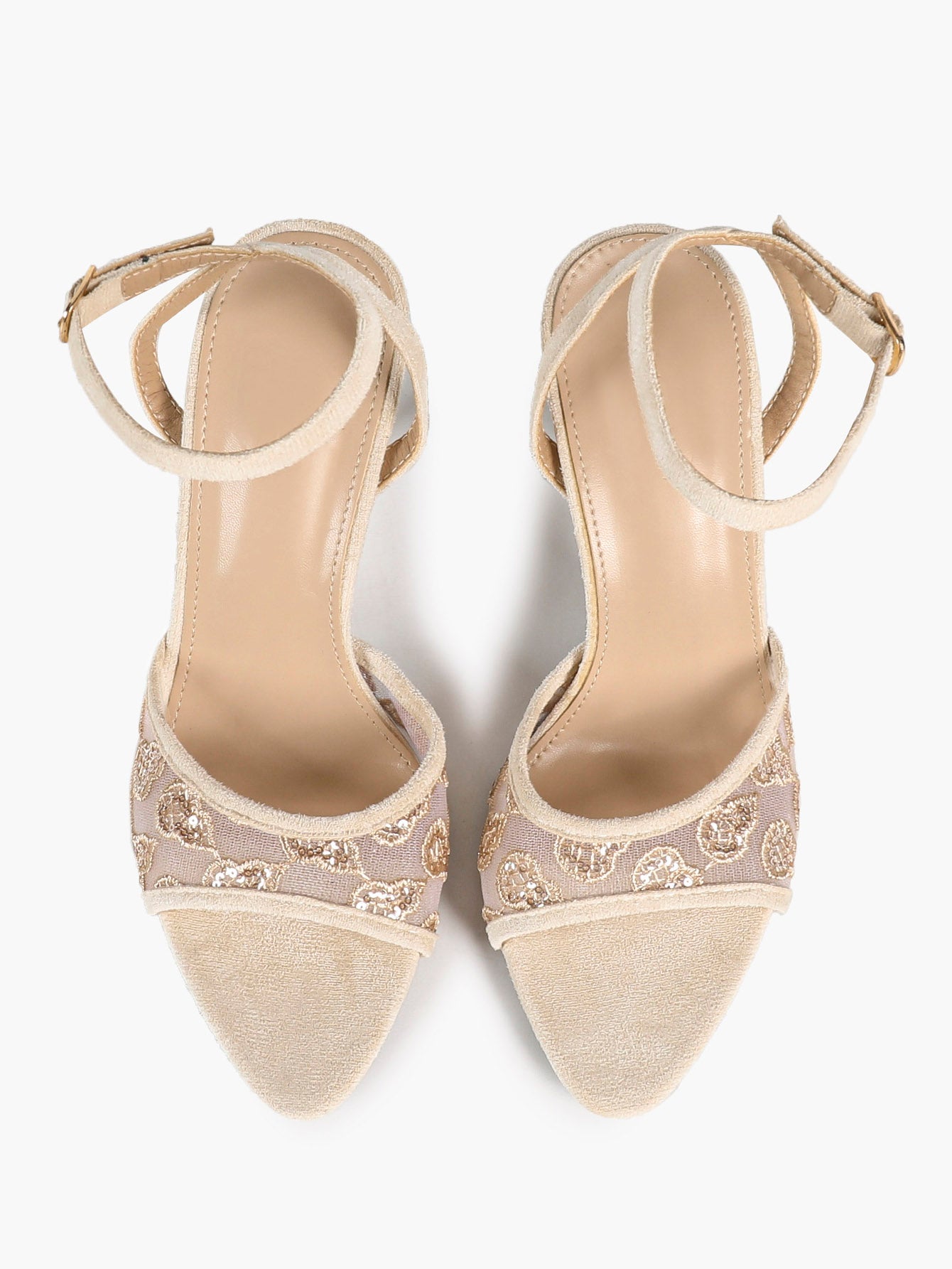 The Moonlight Muse: White Mesh Embroidered Strap Heels with a 3.74" Sculpted Heel