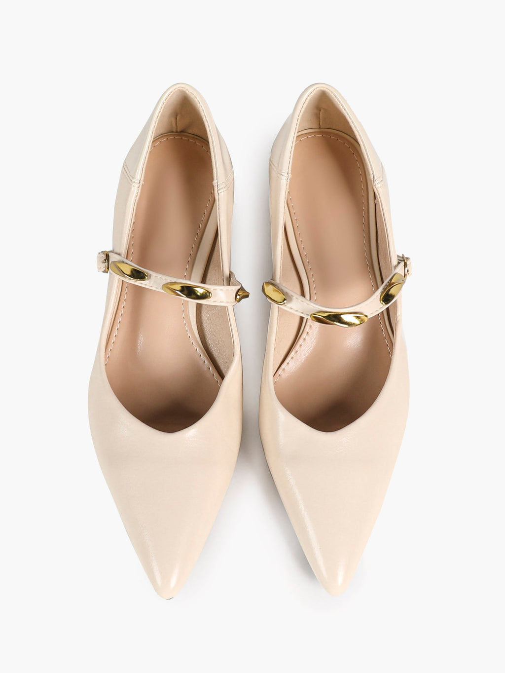 Cream Pointed-Toe Mary Jane Heels with Gold Metal Accents and 1.77" Block Heel
