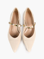 Cream Pointed-Toe Mary Jane Heels with Gold Metal Accents and 1.77" Block Heel