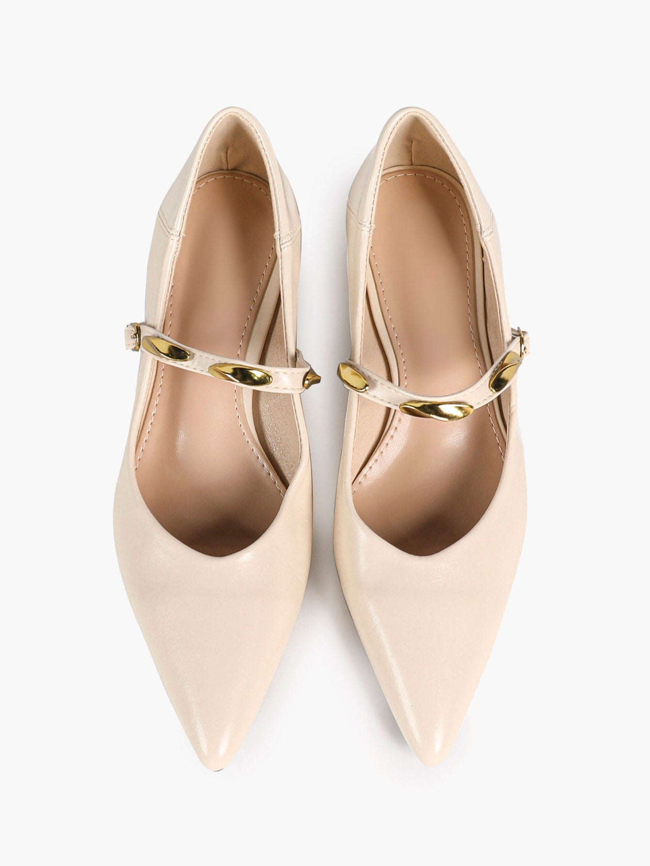 Cream Pointed-Toe Mary Jane Heels with Gold Metal Accents and 1.77" Block Heel