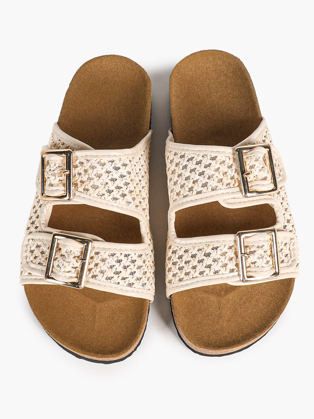 Cream Woven Double-Strap Platform Slides with Gold-Tone Hardware