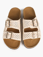 Cream Woven Double-Strap Platform Slides with Gold-Tone Hardware