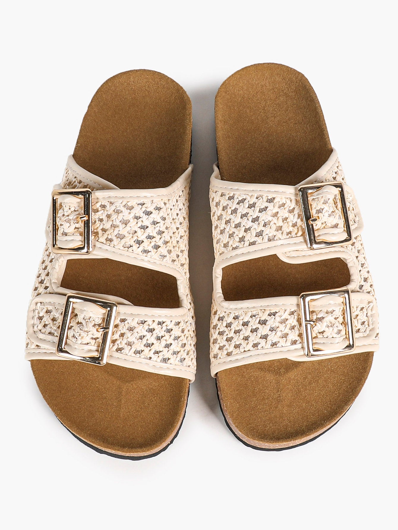 Cream Woven Double-Strap Platform Slides with Gold-Tone Hardware