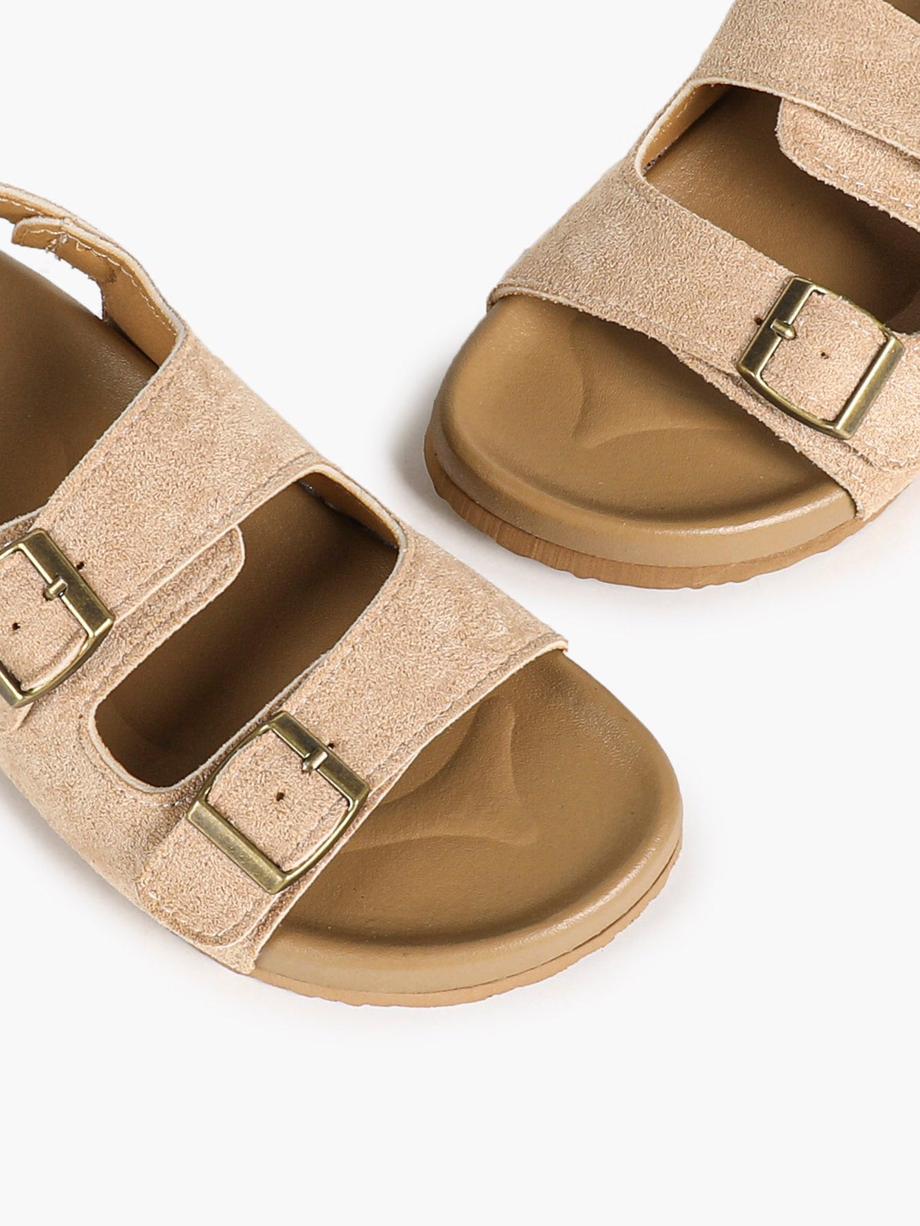 Beige Suede Triple-Buckle Comfort Sandals with Adjustable Heel Strap