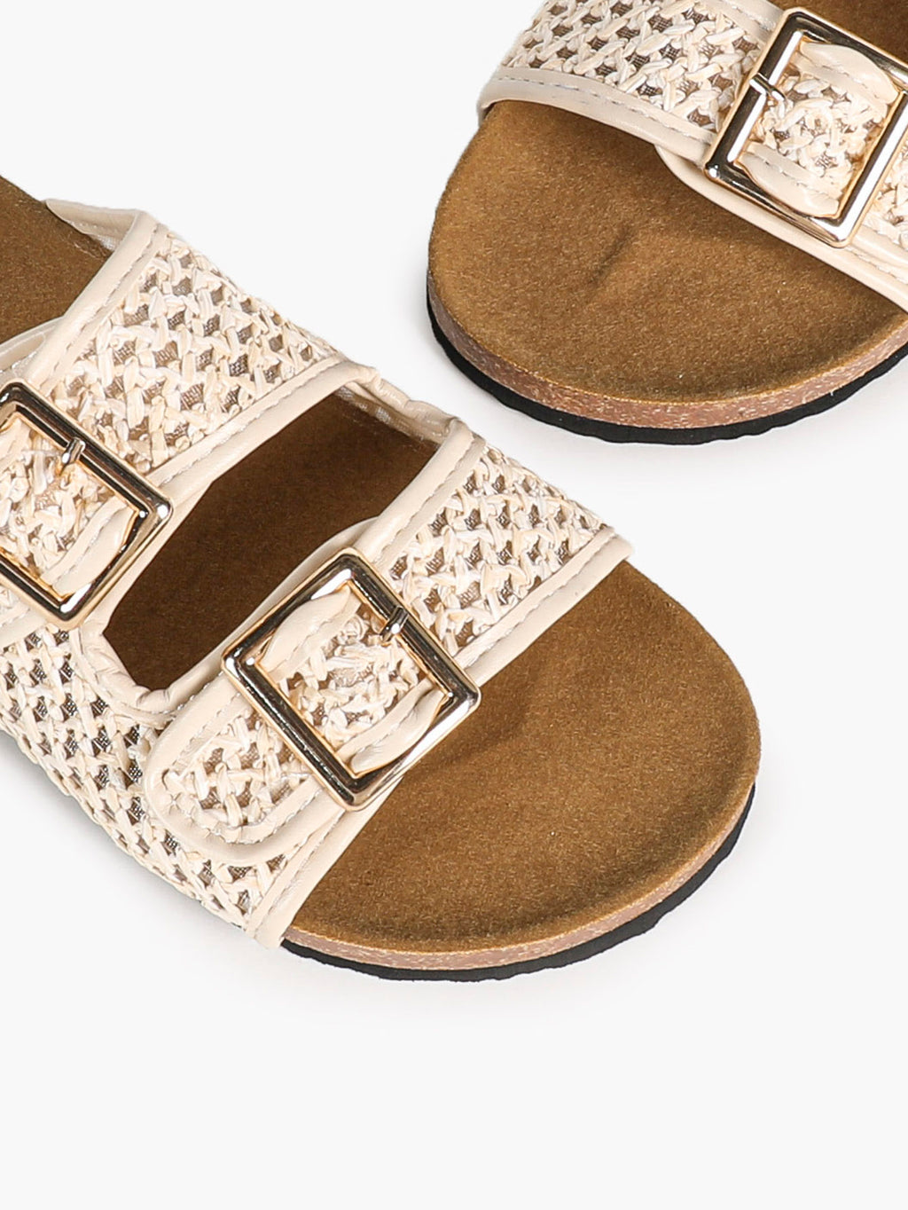 Cream Woven Double-Strap Platform Slides with Gold-Tone Hardware