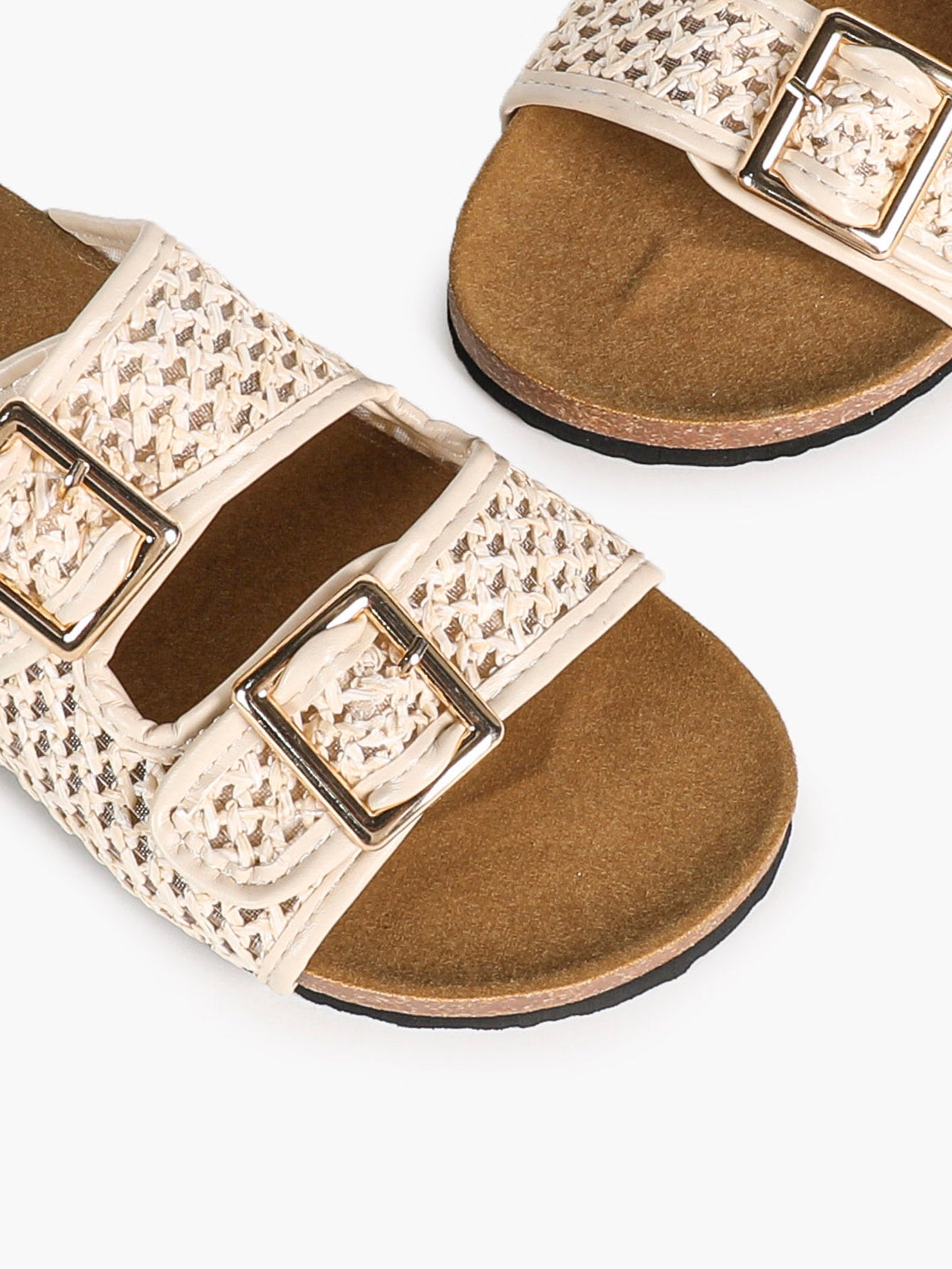 Cream Woven Double-Strap Platform Slides with Gold-Tone Hardware