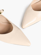 Cream Pointed-Toe Mary Jane Heels with Gold Metal Accents and 1.77" Block Heel