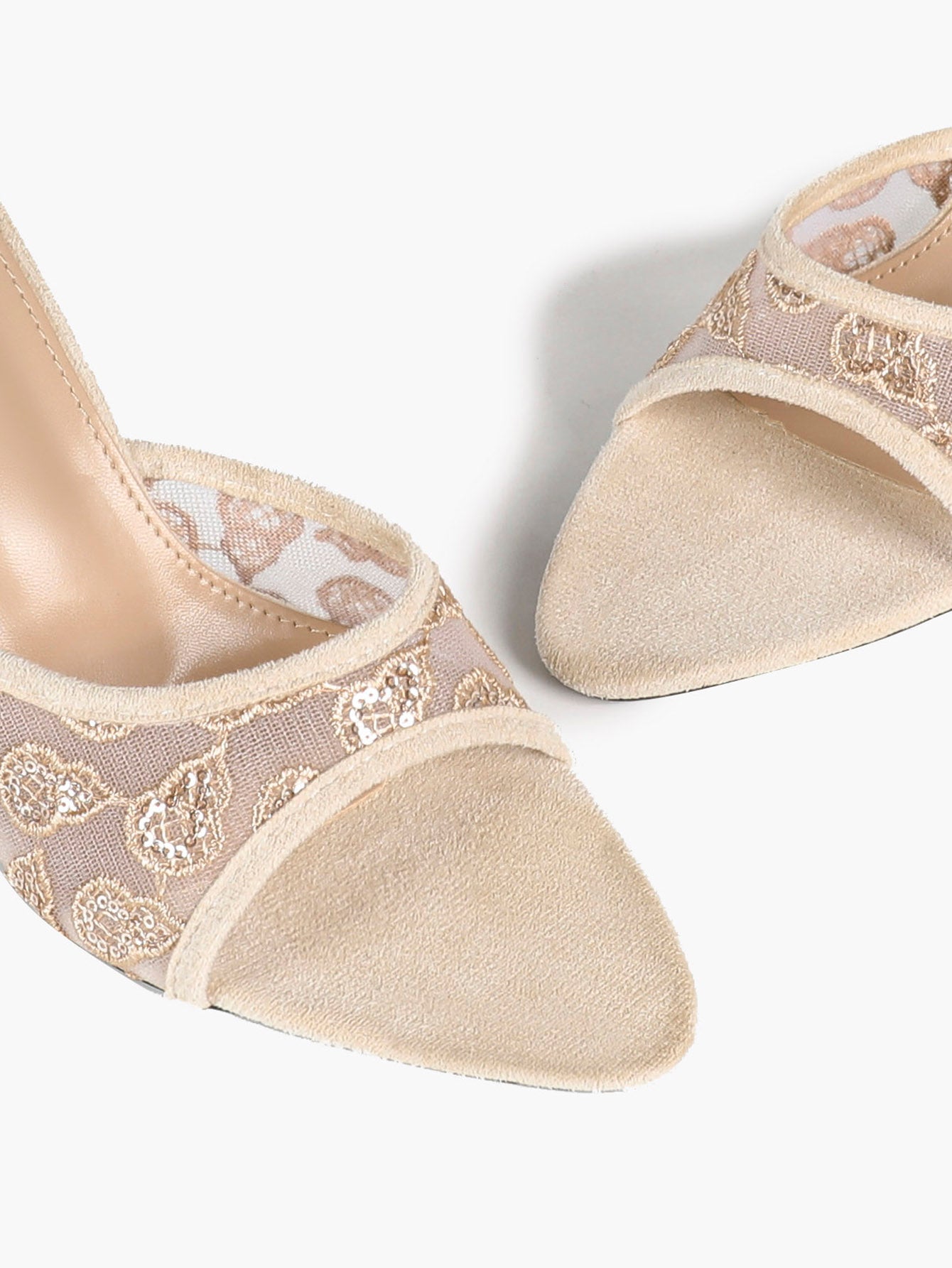Gilded Mesh Mules - Beige Sequin Sandals with a 3.74" Stable Heel