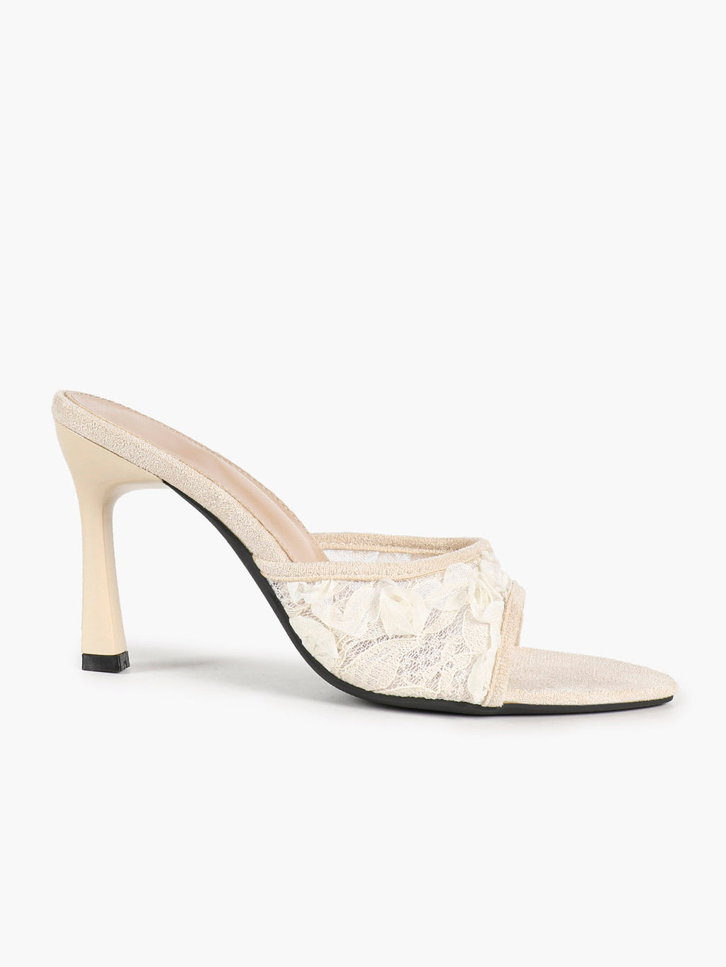 Pink Lace Embroidered Pointed Toe Mule Heels Slip-On Wide Strap Block Heels with Soft Insole