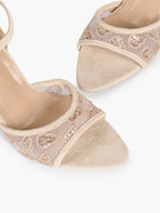 The Moonlight Muse: White Mesh Embroidered Strap Heels with a 3.74" Sculpted Heel