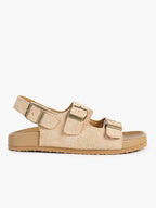 Beige Suede Triple-Buckle Comfort Sandals with Adjustable Heel Strap