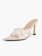 Pink Lace Embroidered Pointed Toe Mule Heels Slip-On Wide Strap Block Heels with Soft Insole