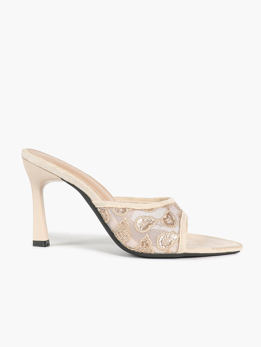 Gilded Mesh Mules - Beige Sequin Sandals with a 3.74" Stable Heel