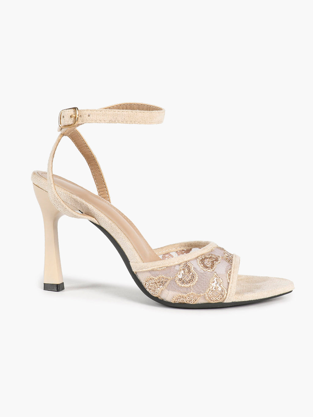 The Moonlight Muse: White Mesh Embroidered Strap Heels with a 3.74" Sculpted Heel