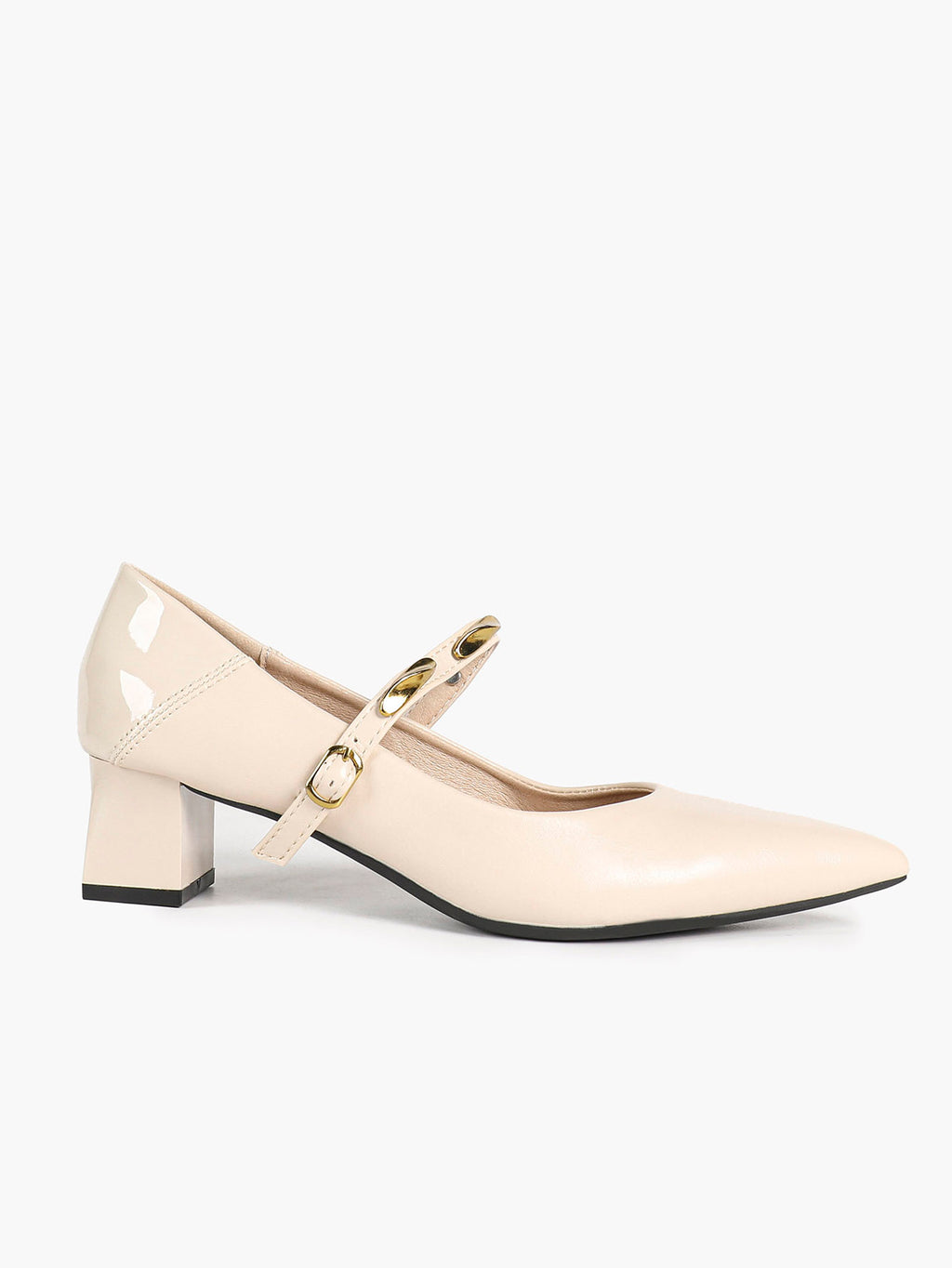 Cream Pointed-Toe Mary Jane Heels with Gold Metal Accents and 1.77" Block Heel