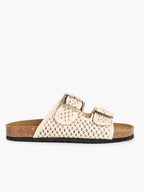 Cream Woven Double-Strap Platform Slides with Gold-Tone Hardware