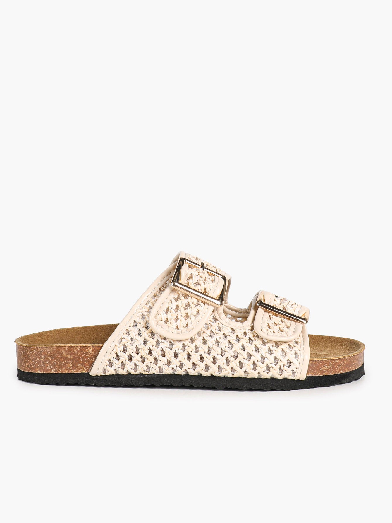 Cream Woven Double-Strap Platform Slides with Gold-Tone Hardware