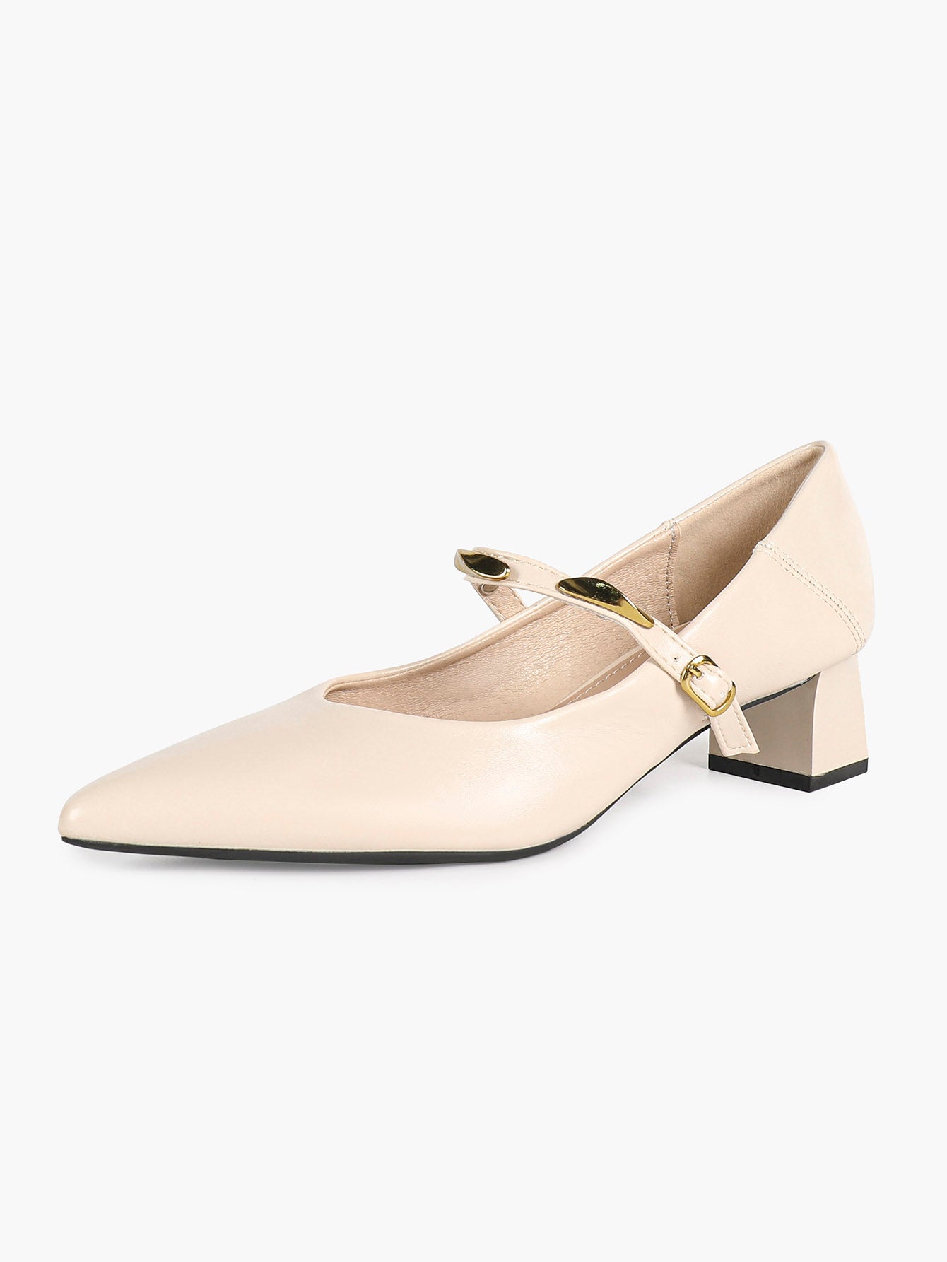 Cream Pointed-Toe Mary Jane Heels with Gold Metal Accents and 1.77" Block Heel