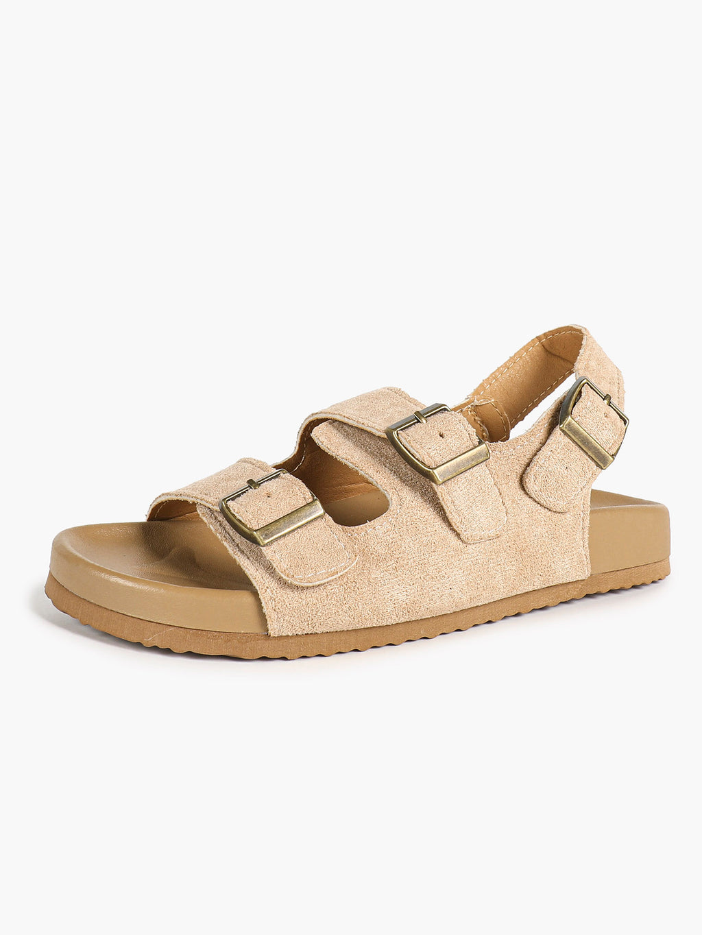 Beige Suede Triple-Buckle Comfort Sandals with Adjustable Heel Strap