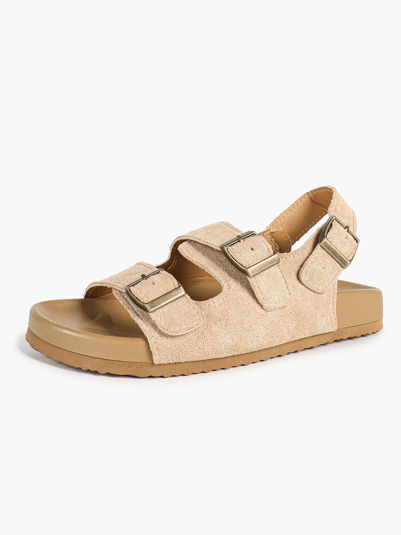 Beige Suede Triple-Buckle Comfort Sandals with Adjustable Heel Strap