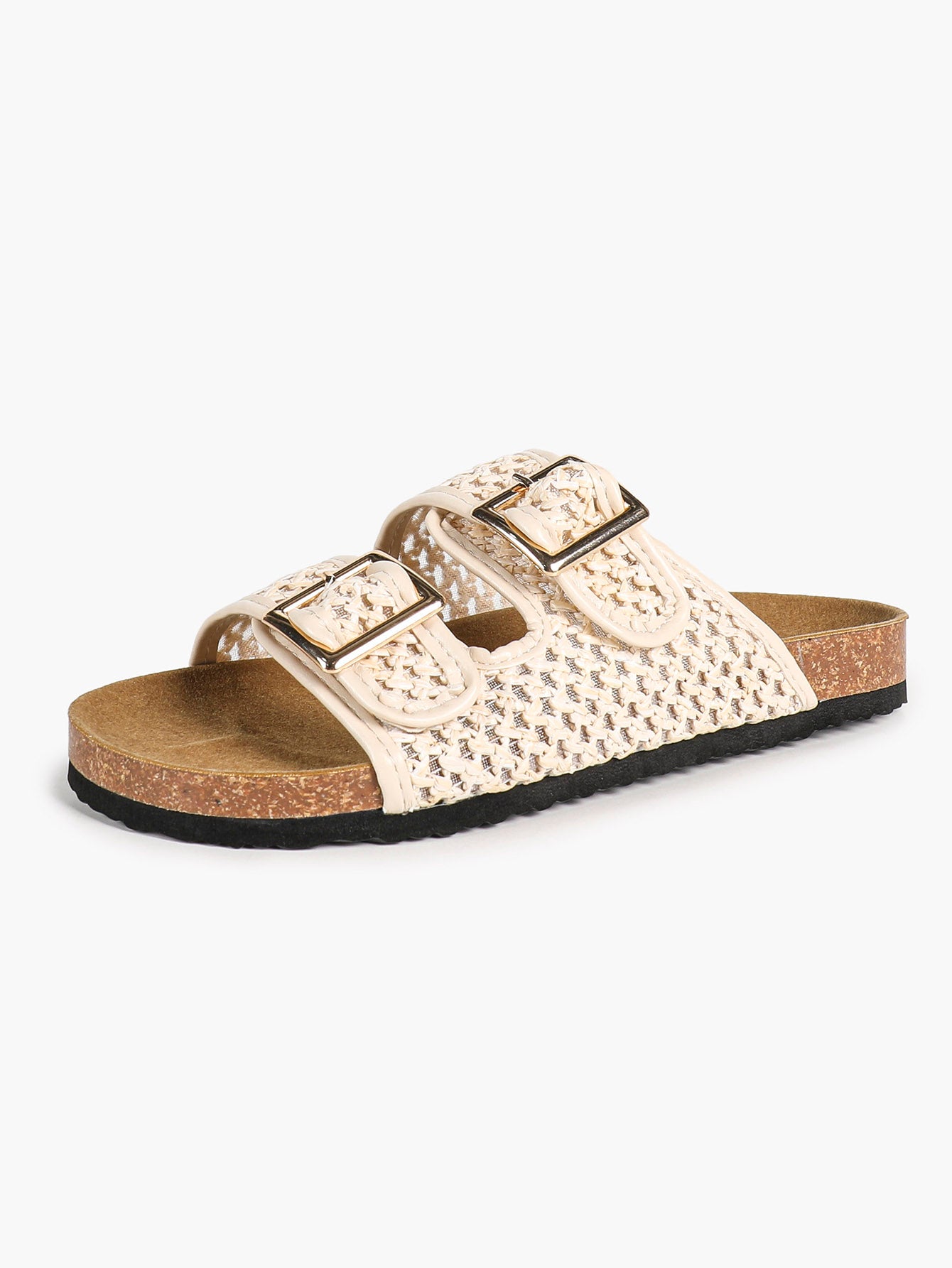 Cream Woven Double-Strap Platform Slides with Gold-Tone Hardware
