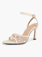 The Moonlight Muse: White Mesh Embroidered Strap Heels with a 3.74" Sculpted Heel