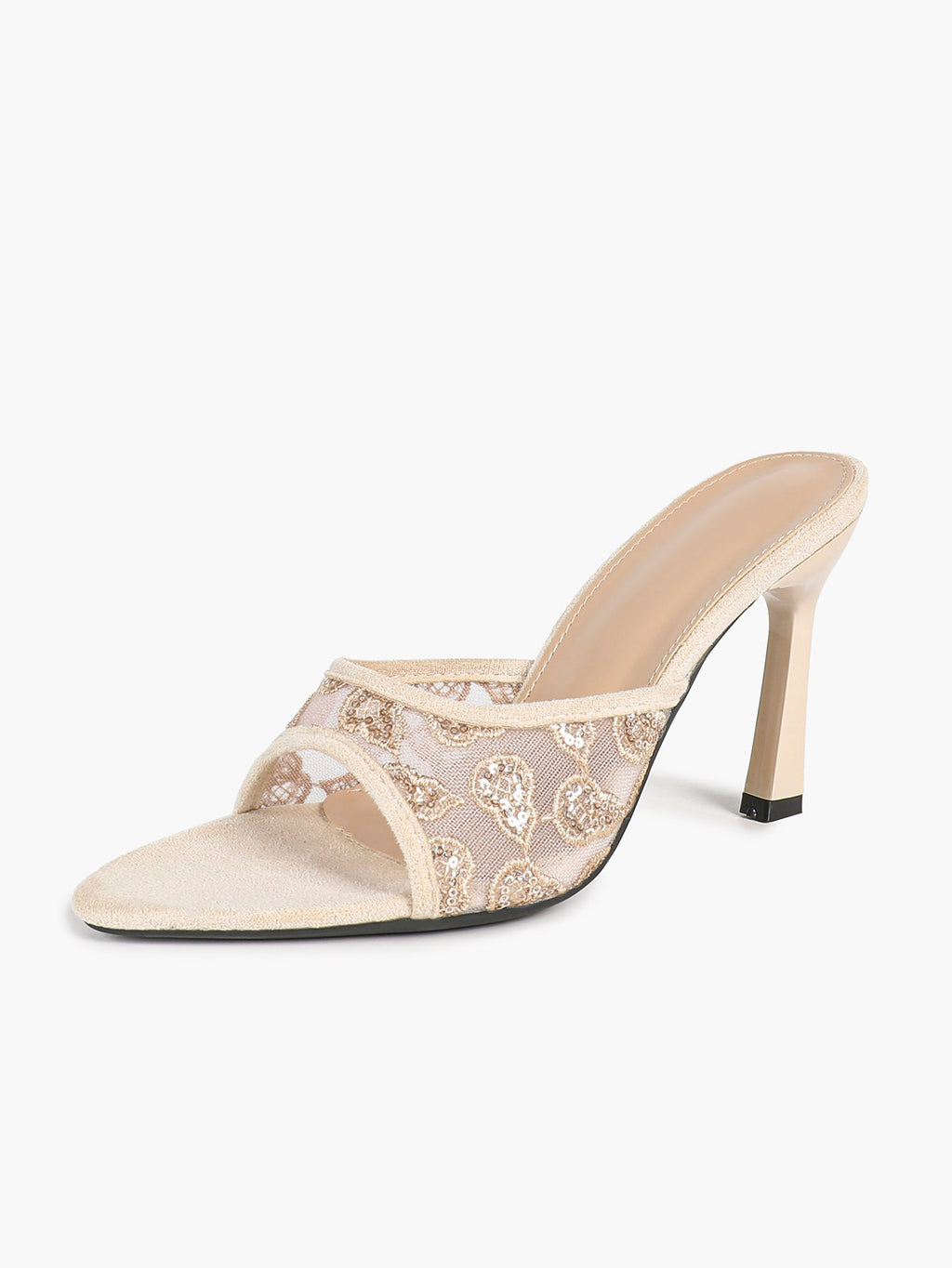 Gilded Mesh Mules - Beige Sequin Sandals with a 3.74" Stable Heel