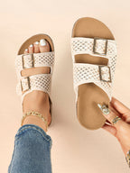 Cream Woven Double-Strap Platform Slides with Gold-Tone Hardware