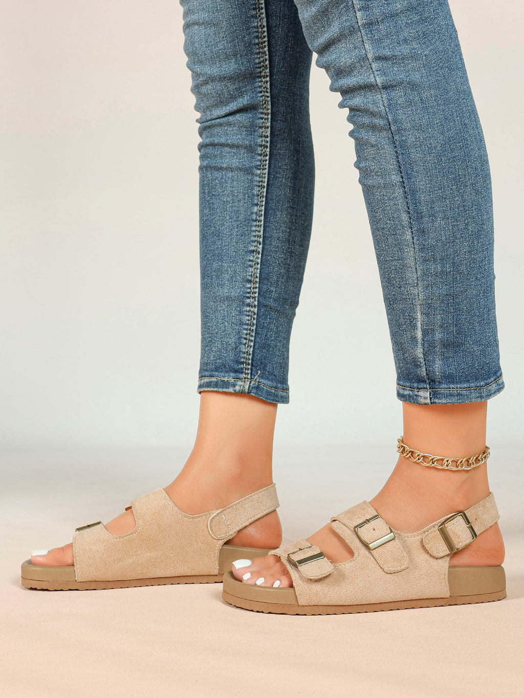 Beige Suede Triple-Buckle Comfort Sandals with Adjustable Heel Strap