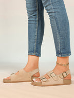 Beige Suede Triple-Buckle Comfort Sandals with Adjustable Heel Strap