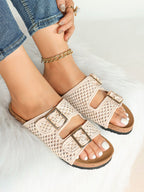 Cream Woven Double-Strap Platform Slides with Gold-Tone Hardware