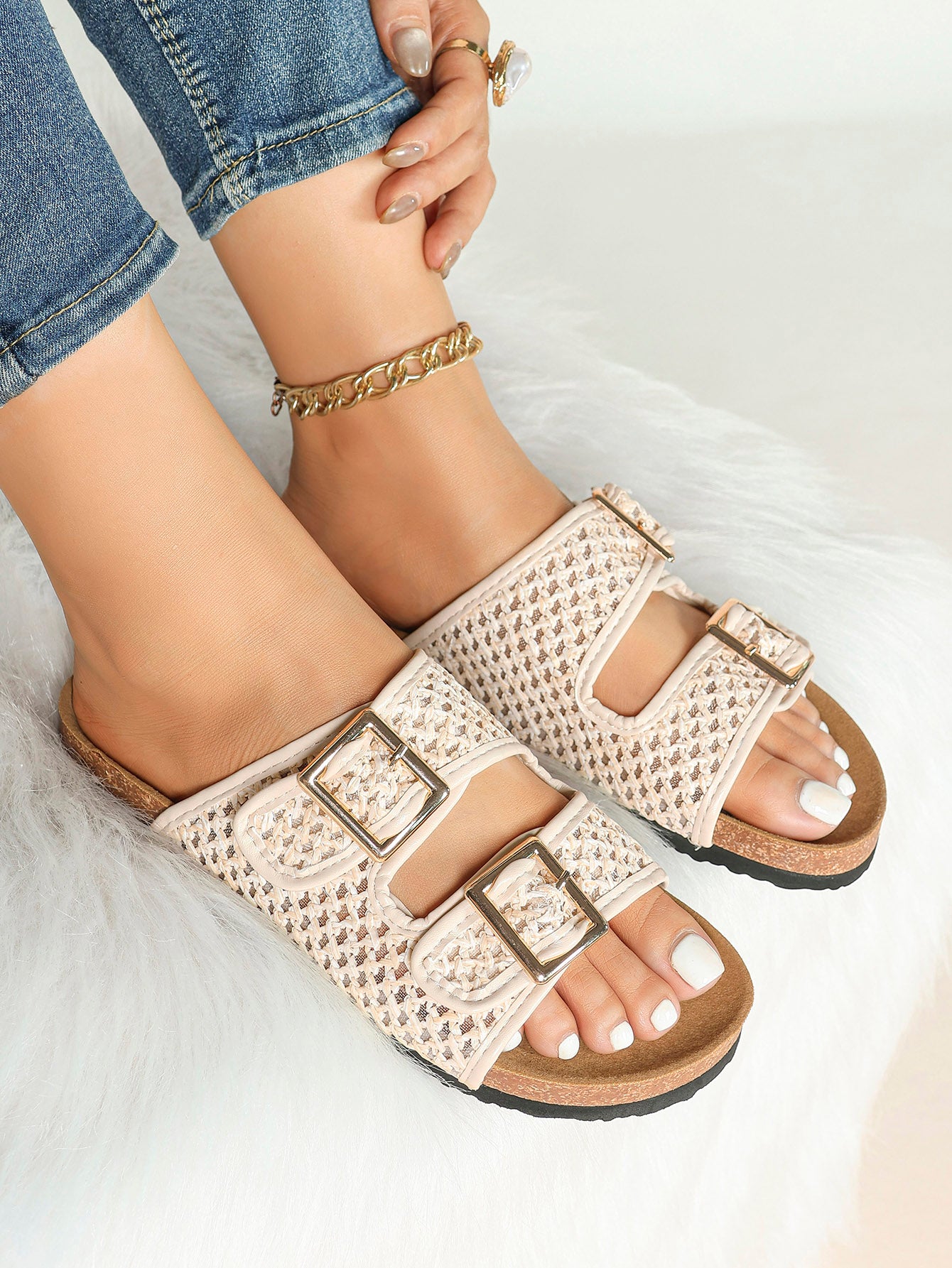 Cream Woven Double-Strap Platform Slides with Gold-Tone Hardware