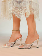 Gilded Mesh Mules - Beige Sequin Sandals with a 3.74" Stable Heel