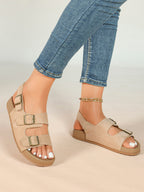 Beige Suede Triple-Buckle Comfort Sandals with Adjustable Heel Strap