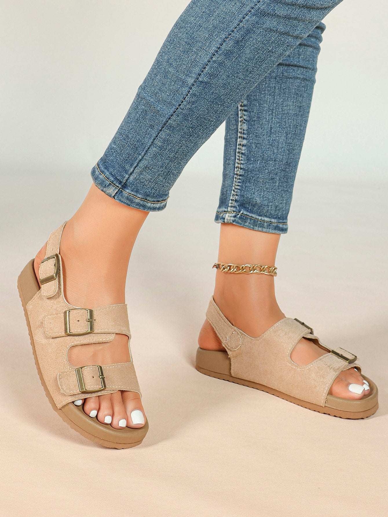 Beige Suede Triple-Buckle Comfort Sandals with Adjustable Heel Strap