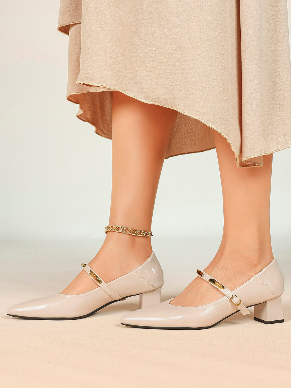Cream Pointed-Toe Mary Jane Heels with Gold Metal Accents and 1.77" Block Heel