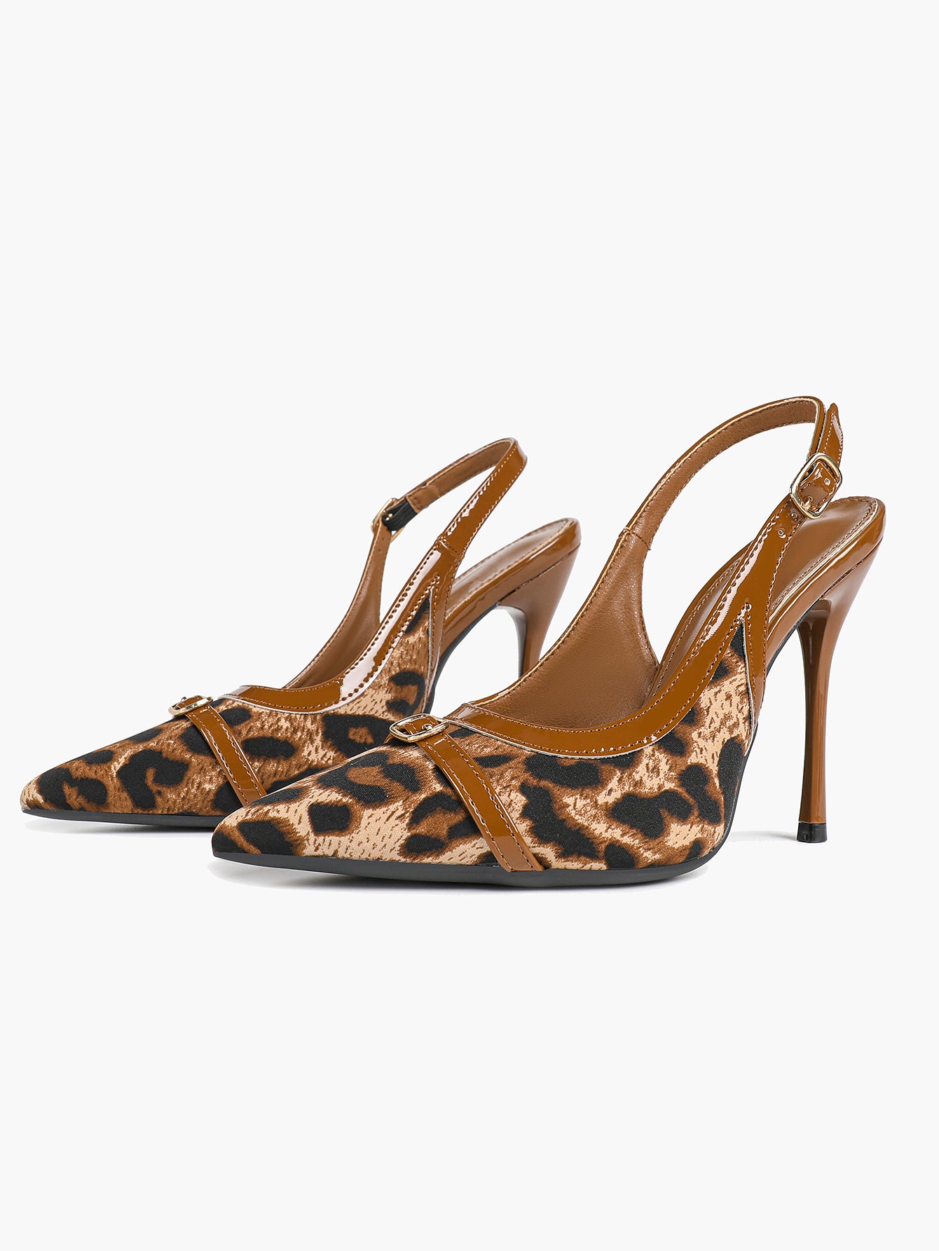 Leopard Print Pointed Toe Slingback Heels Retro Patent Leather Trim Stilettos for Night Out