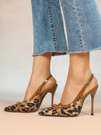 Leopard Print Pointed Toe Slingback Heels Retro Patent Leather Trim Stilettos for Night Out